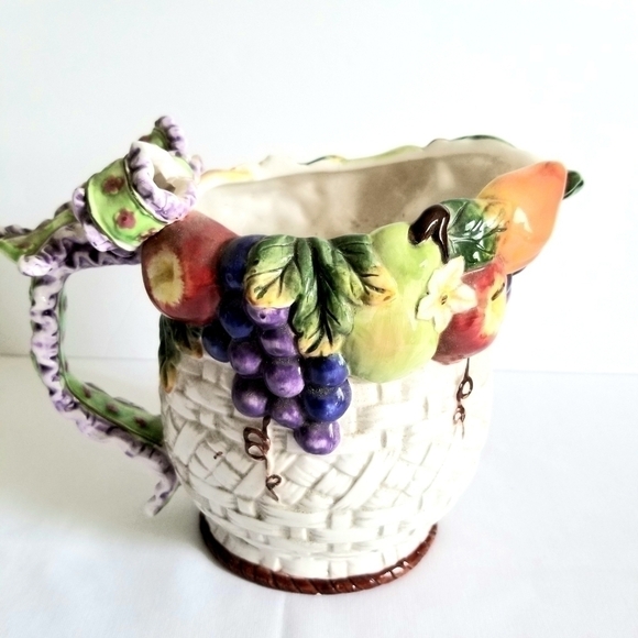 Ceramic Fruit Basket Weave Pitcher Ribbon Handle - Picture 1 of 8